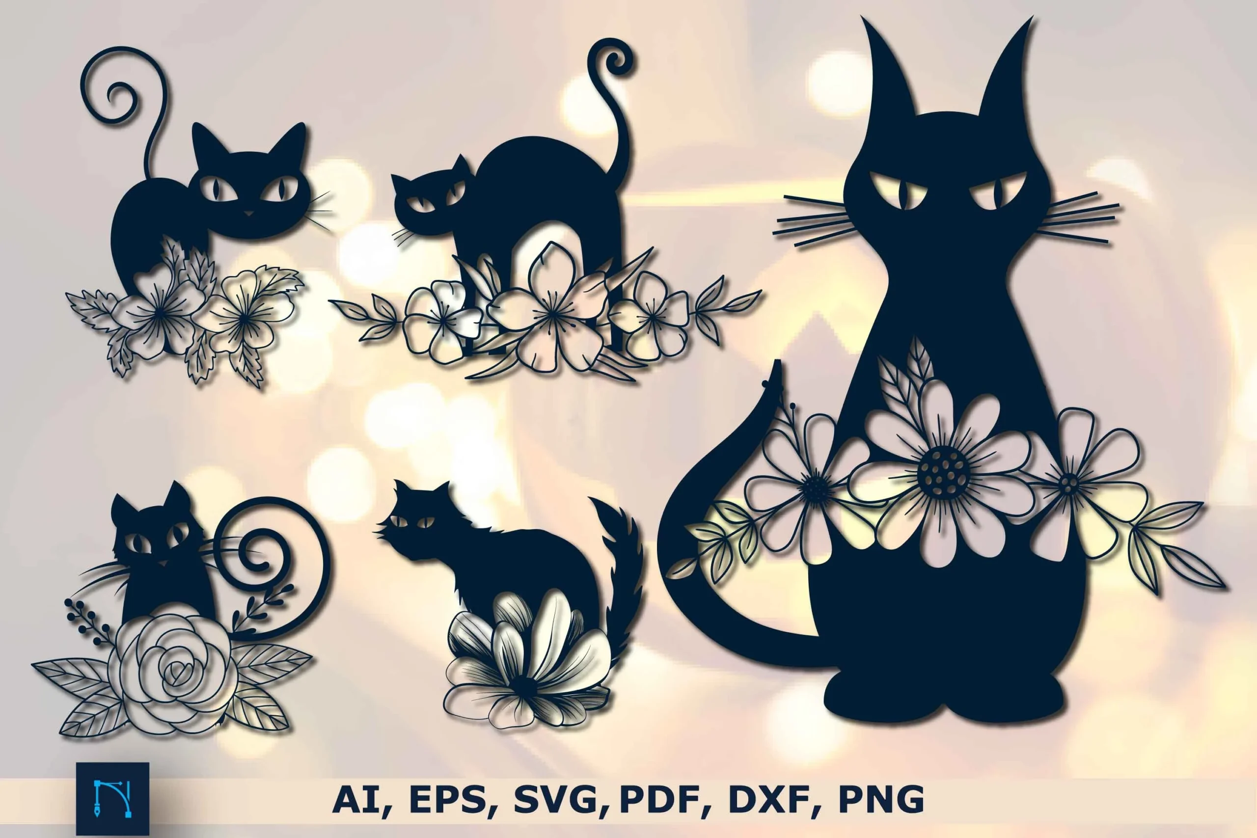 Cricut Halloween Floral Cat SVG Bundle featuring five black cat silhouettes in varied postures with detailed botanical and floral motifs integrated into the forms