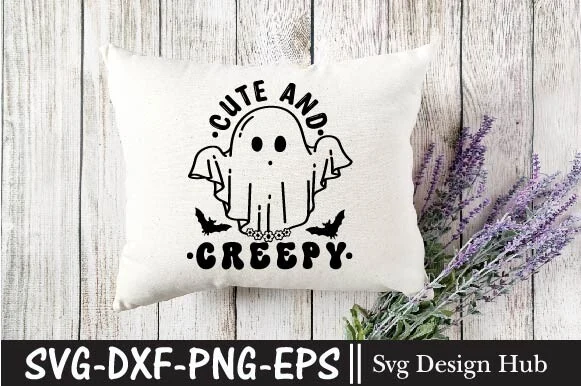 Cute and Creepy Svg, Halloween Svg featuring a central ghost with daisy trim, flying bats, floral accents, and arched retro typography.