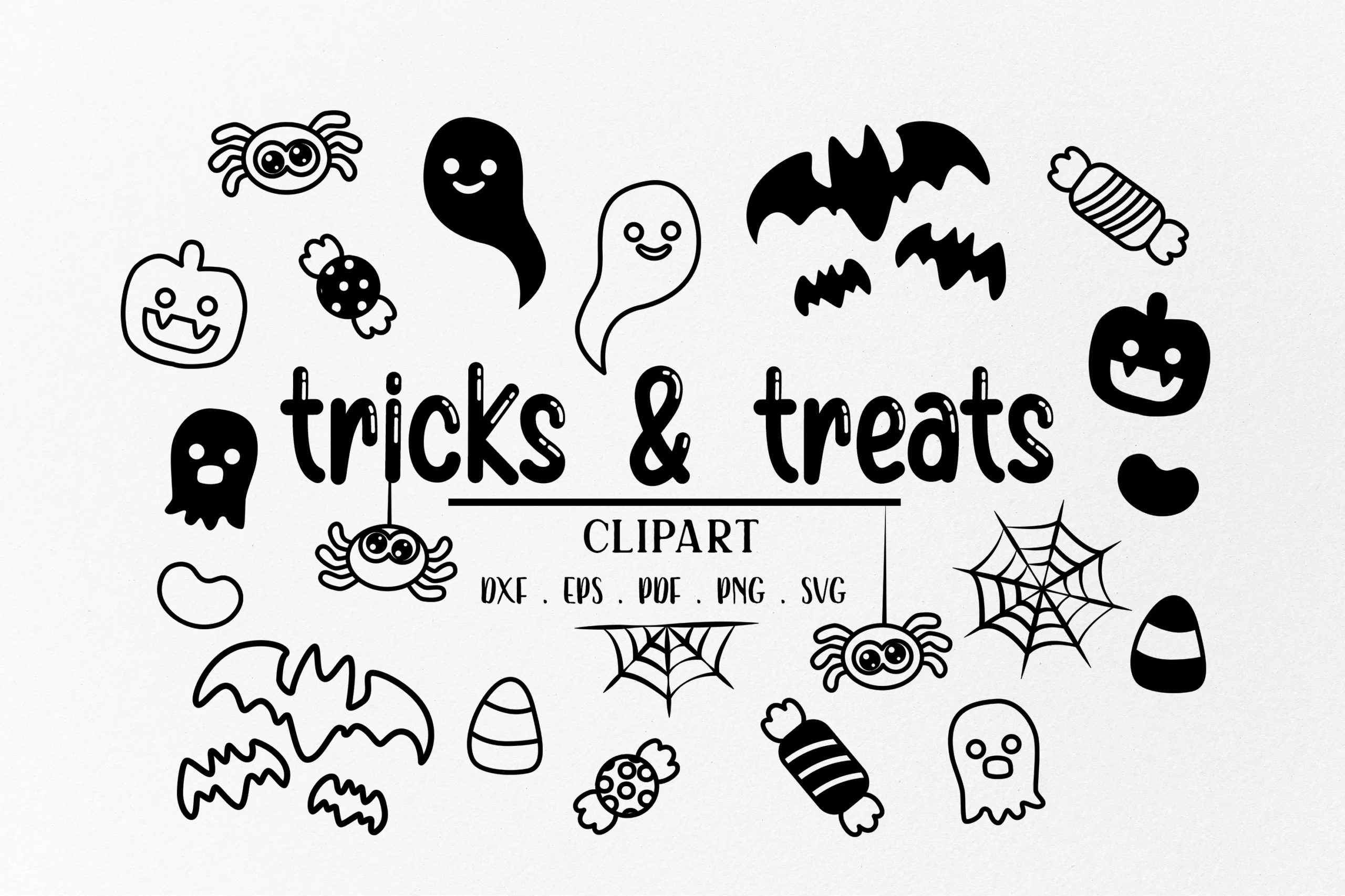 Cute Black Halloween Candy Clipart featuring black-and-white Halloween doodles with pumpkins, ghosts, spiders, spider webs, bats, candies, and central text.