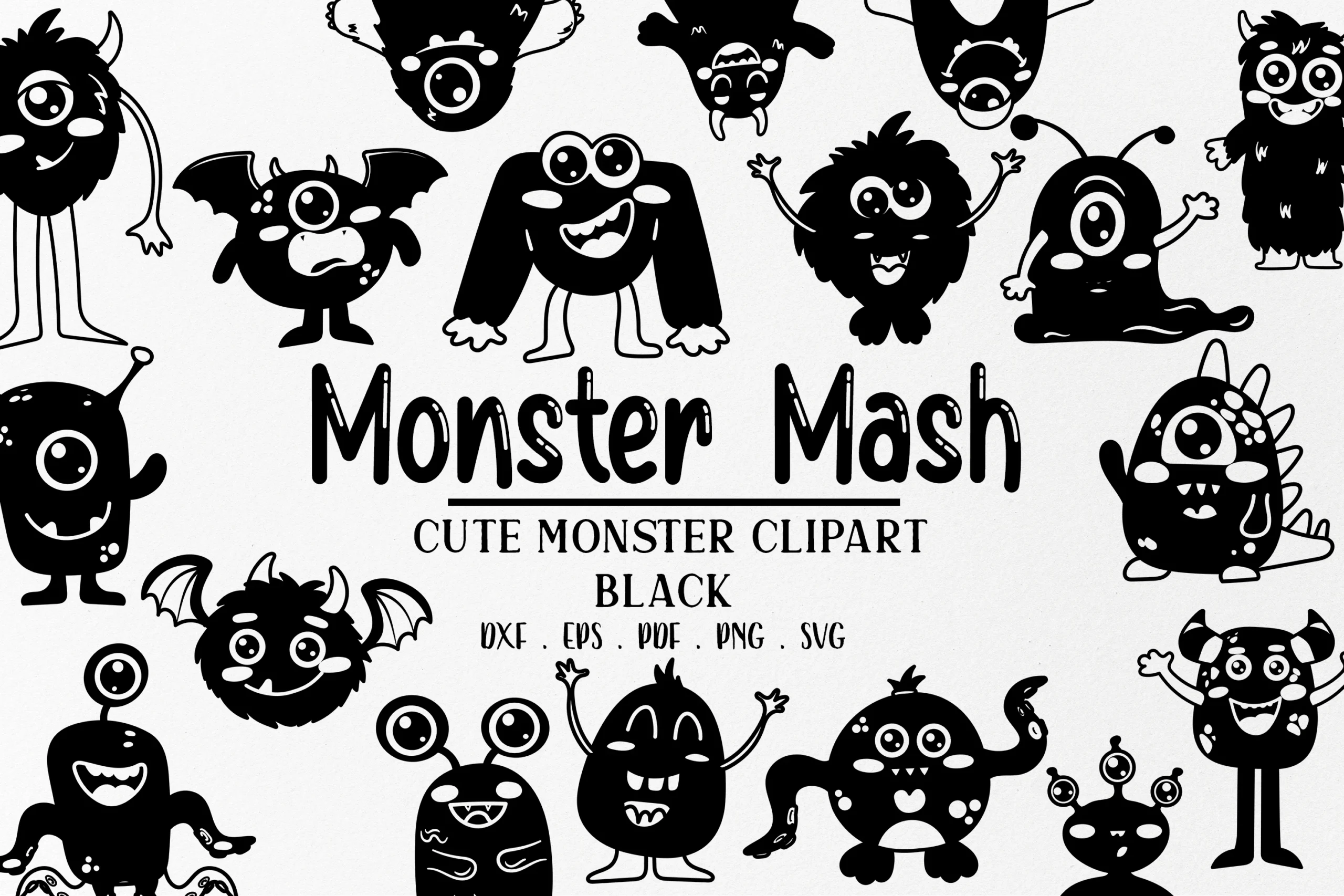 Cute Black Monsters Svg | Cute Halloween showing twenty black cartoon monster silhouettes arranged around bold "Monster Mash" lettering.