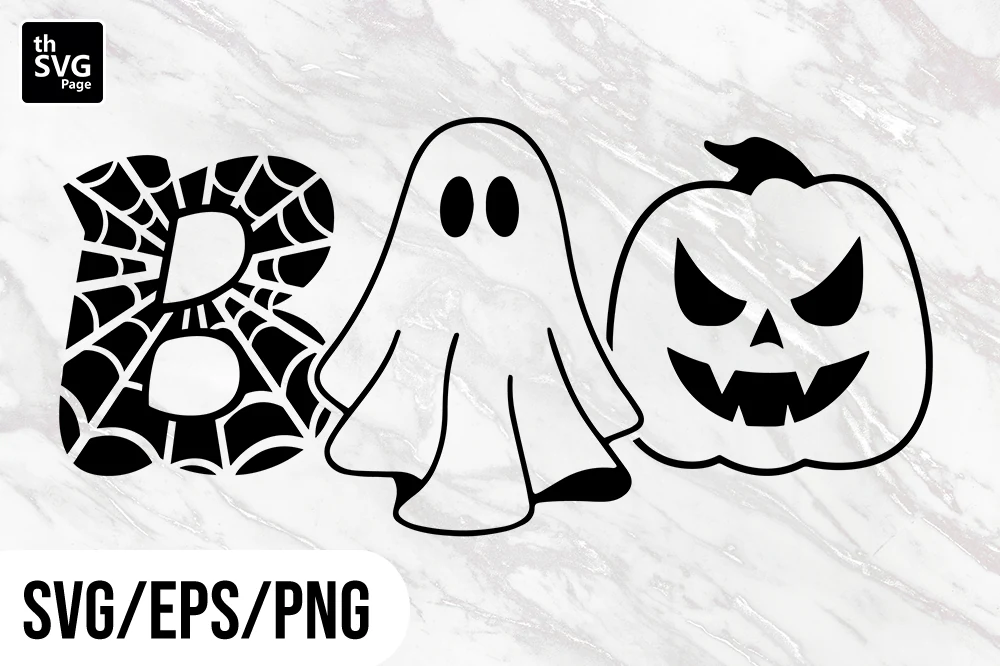 Cute Boo Ghost Halloween SVG EPS PNG shows BOO with a spiderweb-patterned B, a ghost-shaped O, and a carved pumpkin-shaped O.