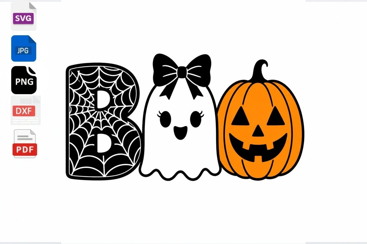 Cute Boo Ghost Pumpkin Halloween SVG featuring a spiderweb-filled B, a ghost with a bow, and an orange jack-o'-lantern arranged as BOO.