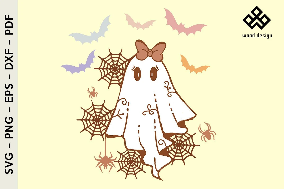 Cute Ghost SVG Halloween SVG featuring a central ghost with a bow, surrounded by bats, spiderwebs, and spiders.
