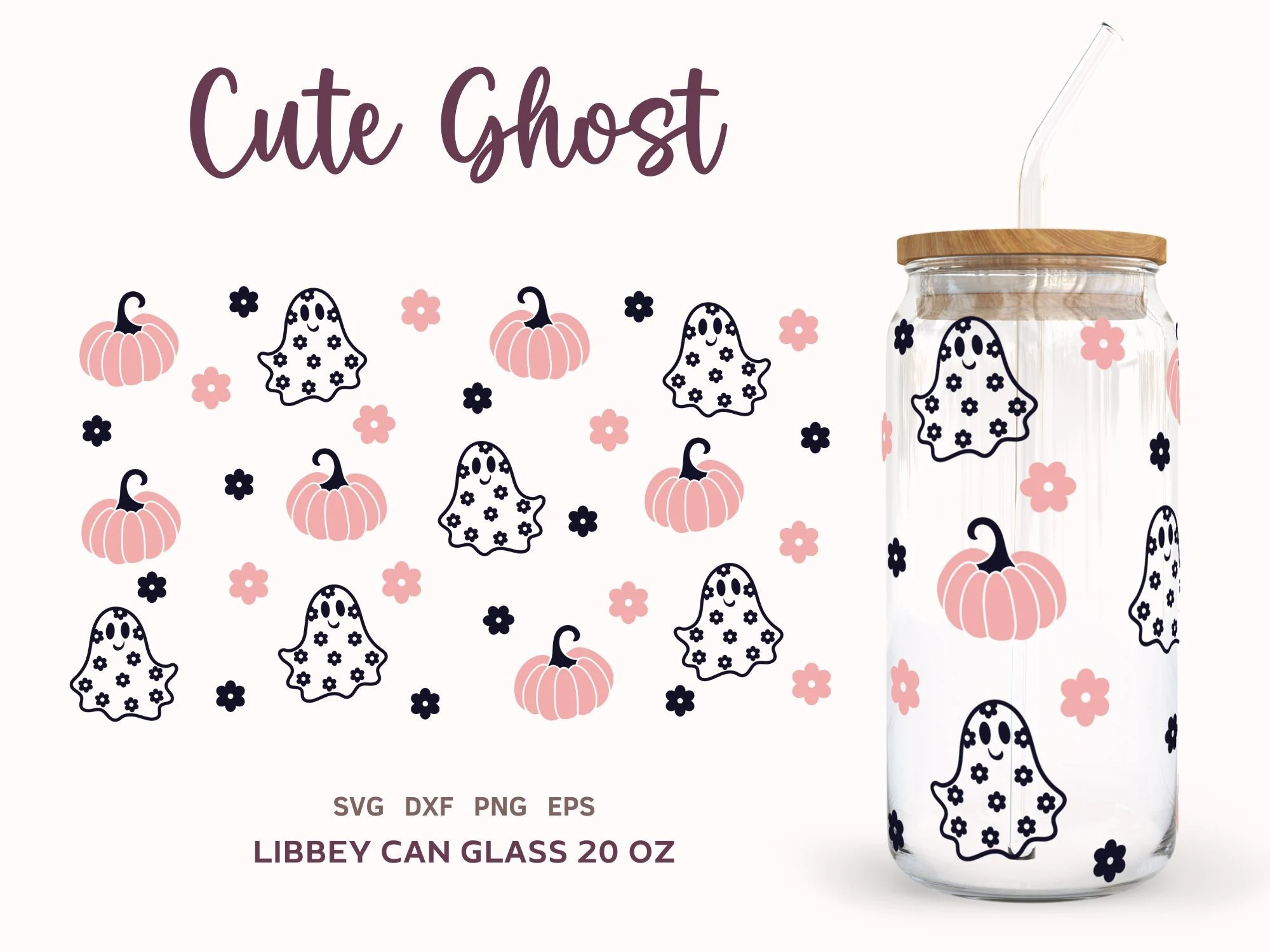 Cute Halloween Can Glass 20 Oz Wrap SVG featuring smiling floral-patterned ghosts, pink pumpkins, dark blossoms, and handwritten cursive lettering.