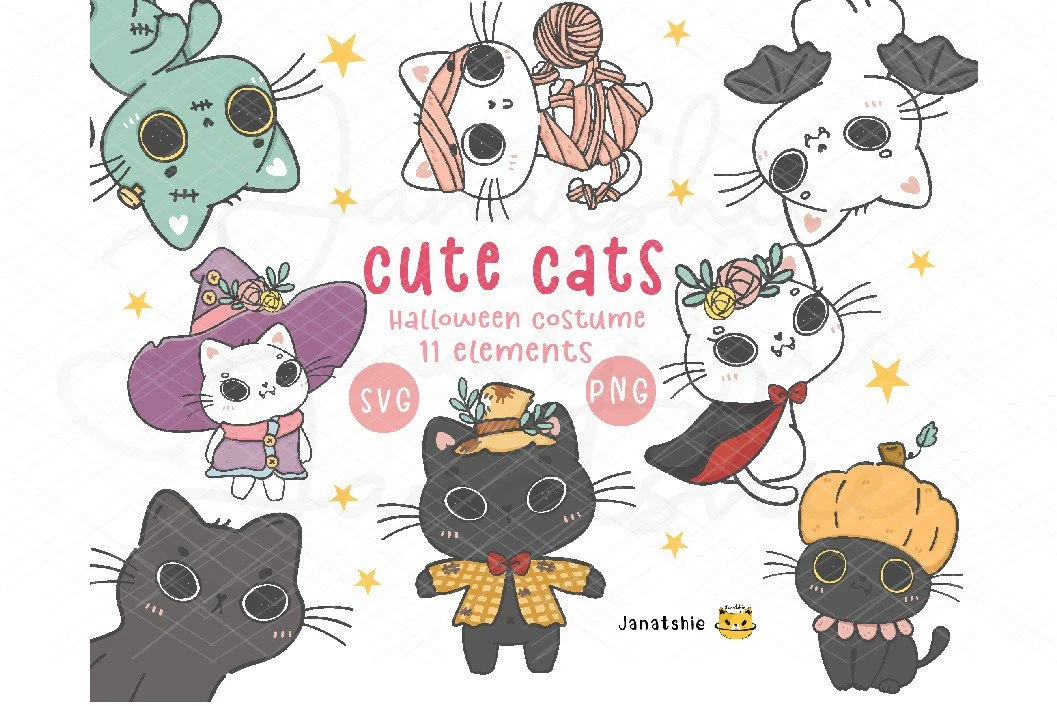 Cute Halloween Cat Costume Svg Clipart featuring hand-drawn cats in varied Halloween costumes with bold outlines, soft colors, and decorative star motifs.