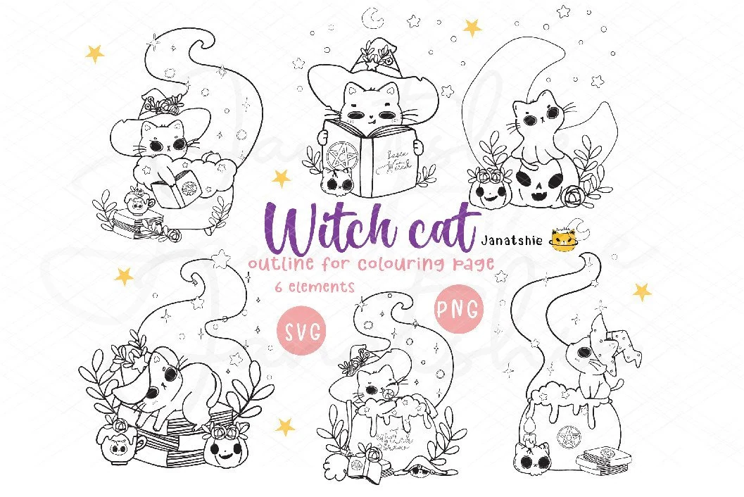 Cute Halloween Cat Outline Svg Digital C featuring six black-and-white outline illustrations of chibi cats with witch hats, spellbooks, potions, pumpkins, and magical motifs.