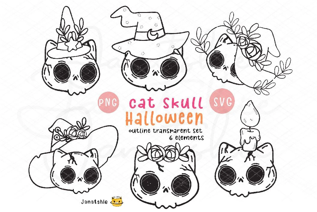 Cute Halloween Cat Skull Outline Svg Set showing six black-and-white cat skull illustrations decorated with witch hats, flowers, foliage, and a melting candle.