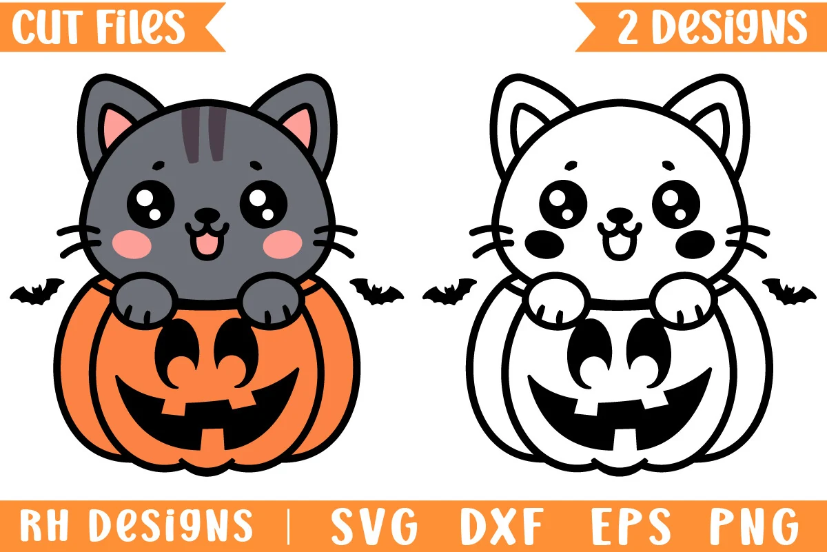 Cute Halloween Cat SVG | Halloween SVG featuring two side-by-side illustrations of a kitten sitting inside a smiling jack-o'-lantern, with small bats, including a full-color version and a black-and-white outline version.