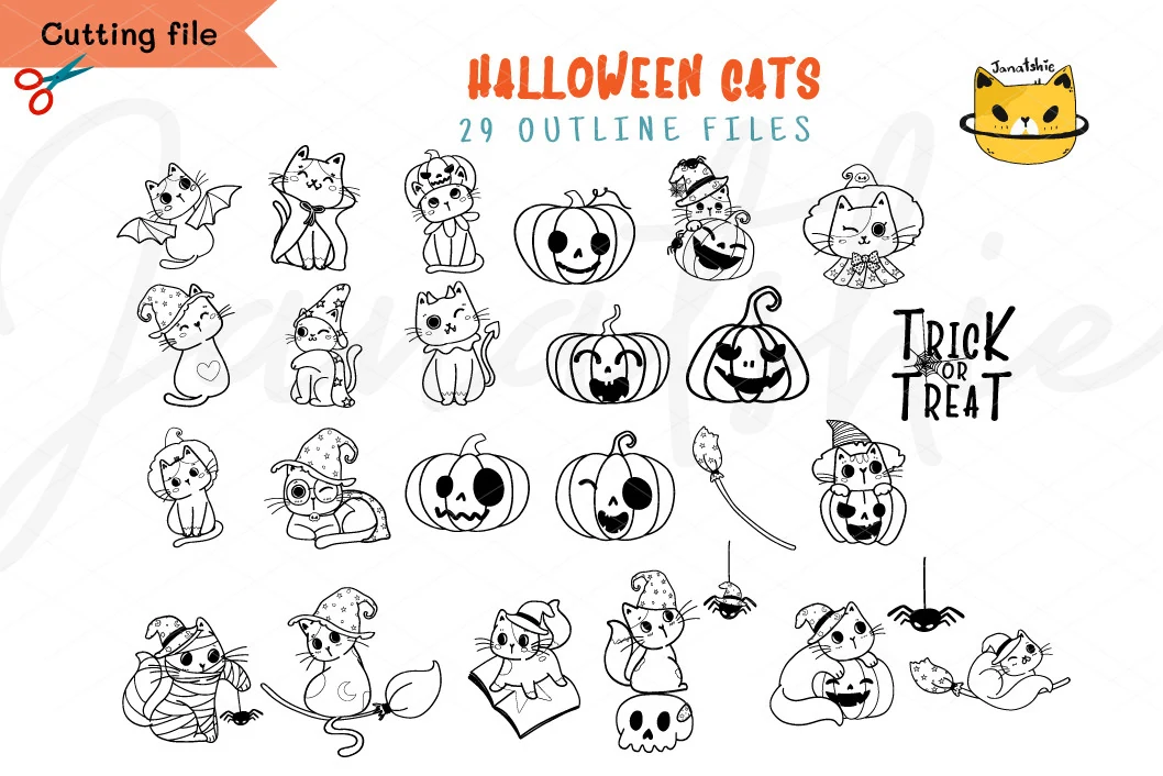 Cute Halloween Cat Svg Outline Colouring showing a grid of black-and-white line art cats in Halloween costumes with pumpkins, a spider, and a broomstick.