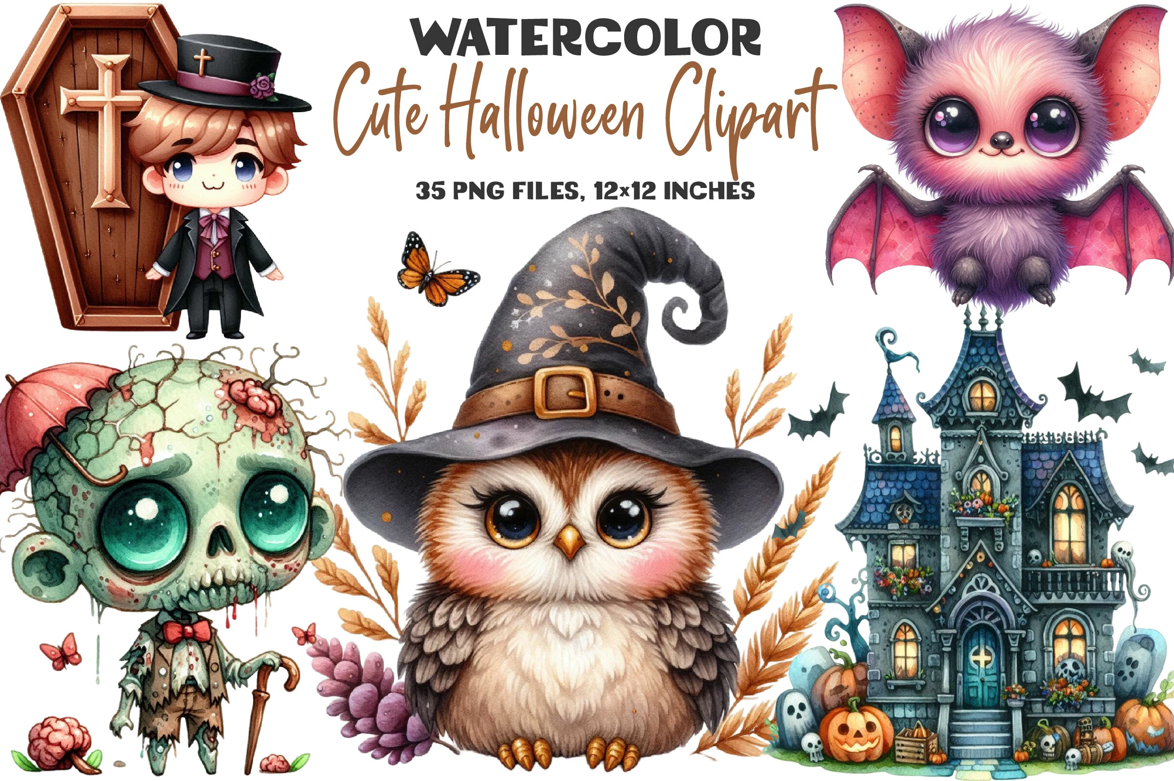 Cute Halloween Clipart SVG PNG Bundle featuring a script title above watercolor illustrations of a vampire, purple bat, umbrella-holding zombie, witch-hatted owl, haunted mansion, pumpkins, and ghosts