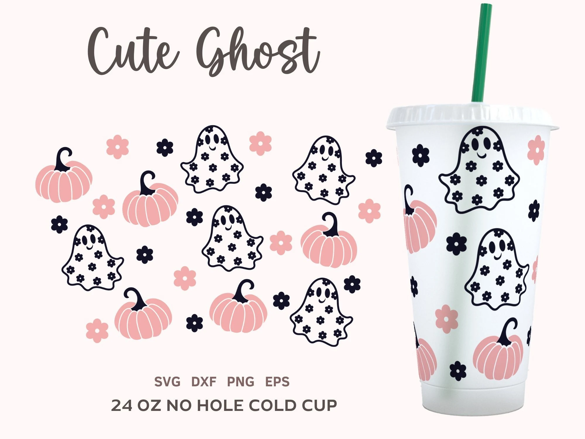 Cute Halloween Cold Cup 24oz SVG showing a repeating pattern of floral-filled ghosts, pink pumpkins, and small flower accents for a beverage cup wrap