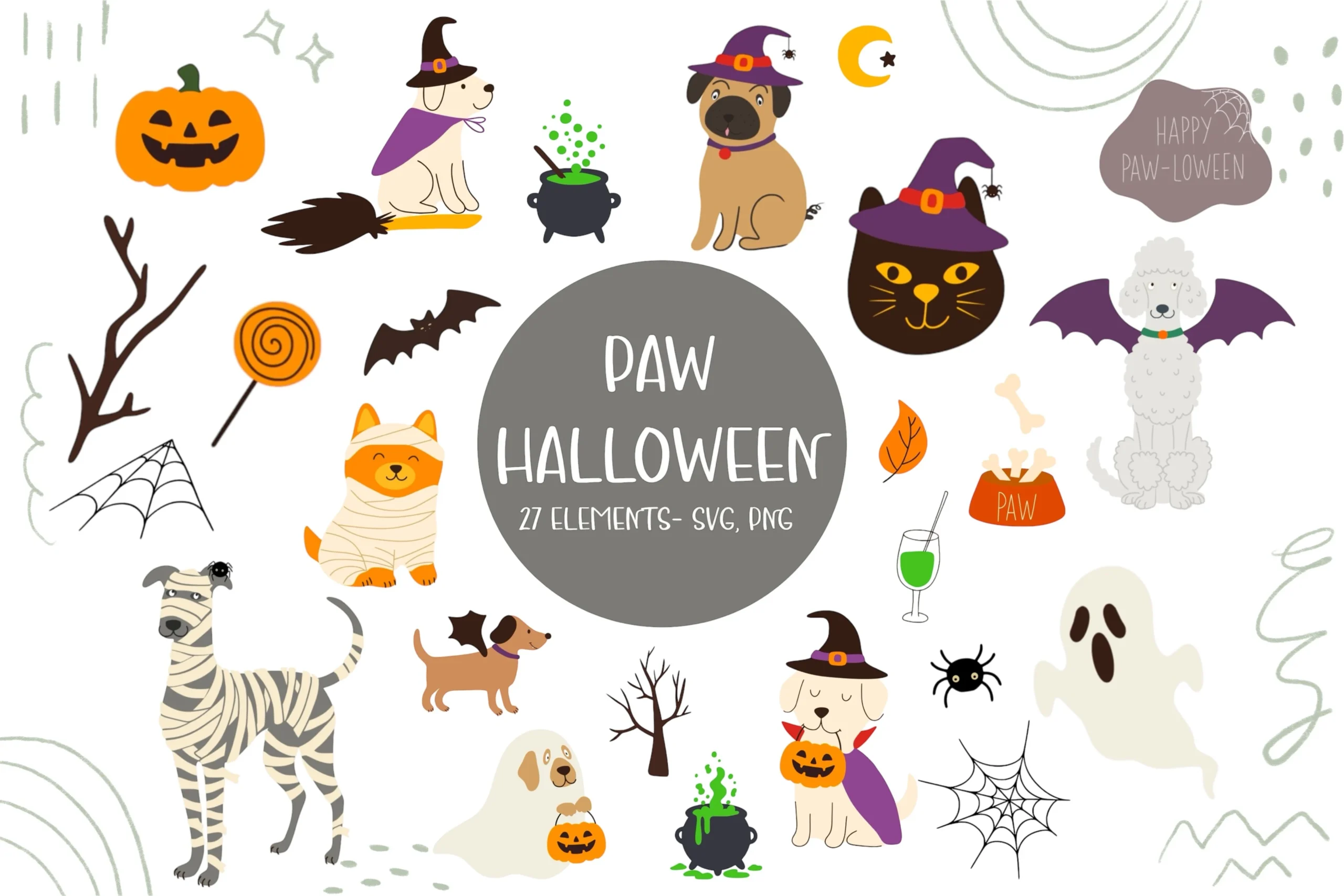 Cute Halloween Dog & Cat SVG, PNG Bundle featuring cartoon Halloween animals in costumes and seasonal motifs arranged around a central circular badge.