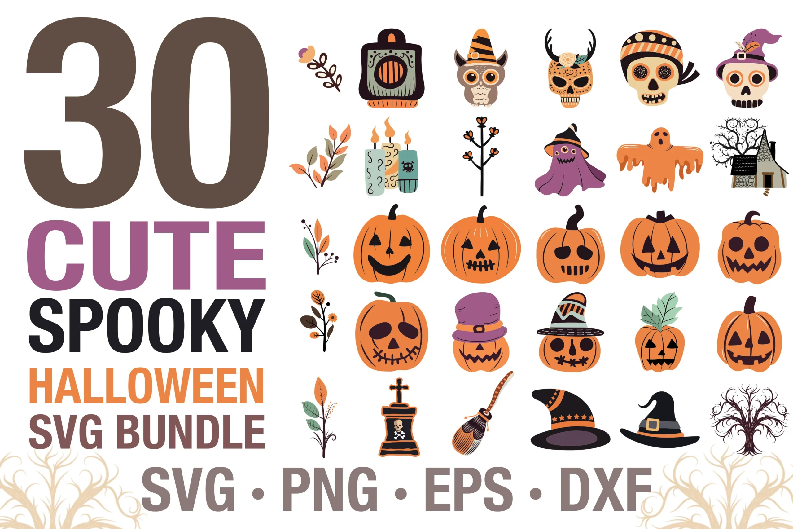 Cute Halloween Doodles SVG Bundle: bold stacked typography beside a grid of 30 Halloween-themed illustrations including pumpkins, ghosts, skulls, witch accessories, foliage, and a gravestone.