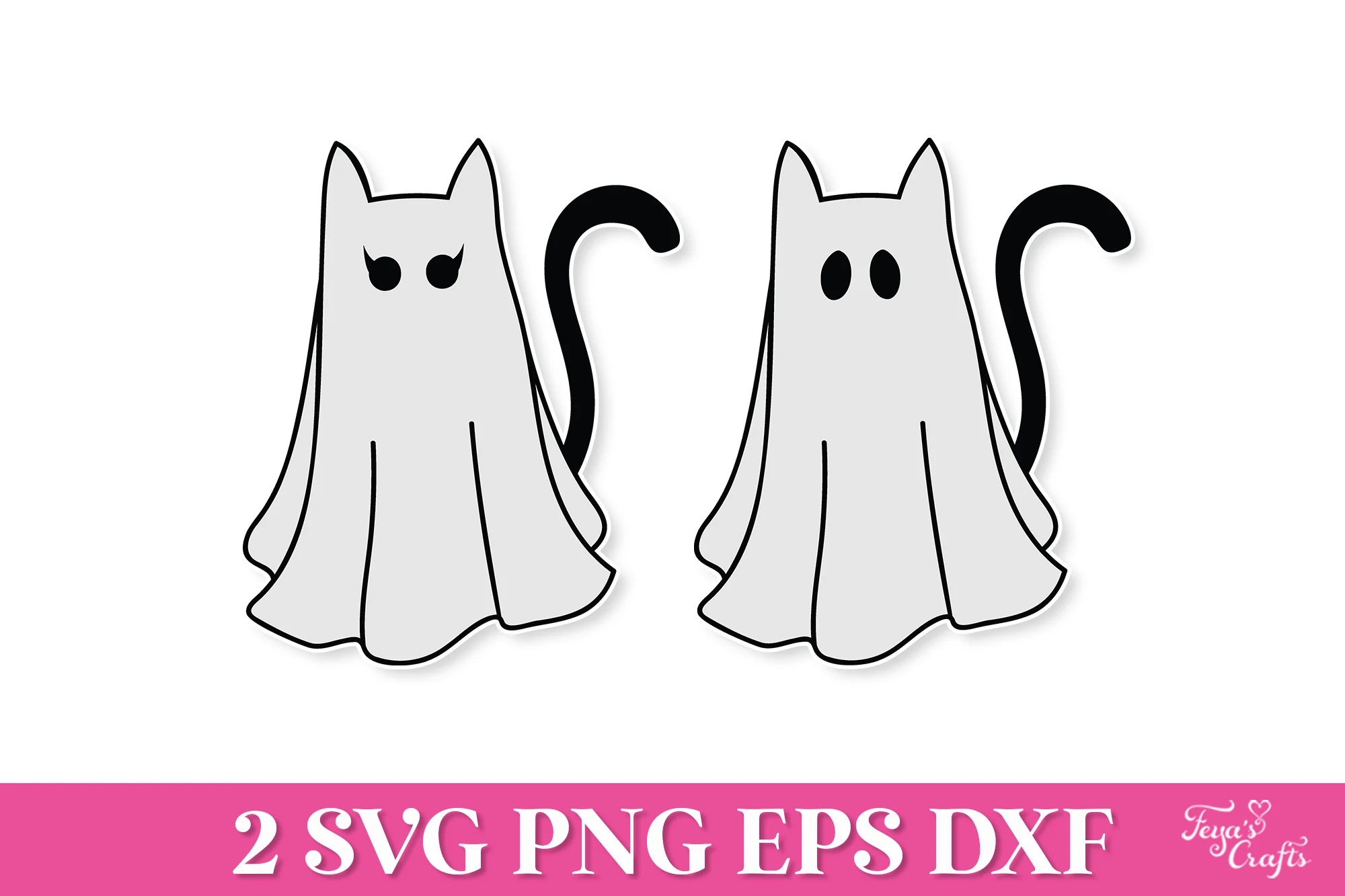 Cute Halloween Ghost Cat SVG showing two cartoon cats dressed as ghosts side by side, with pointed ears, draped sheets, curved tails, and light gray fills outlined in black.