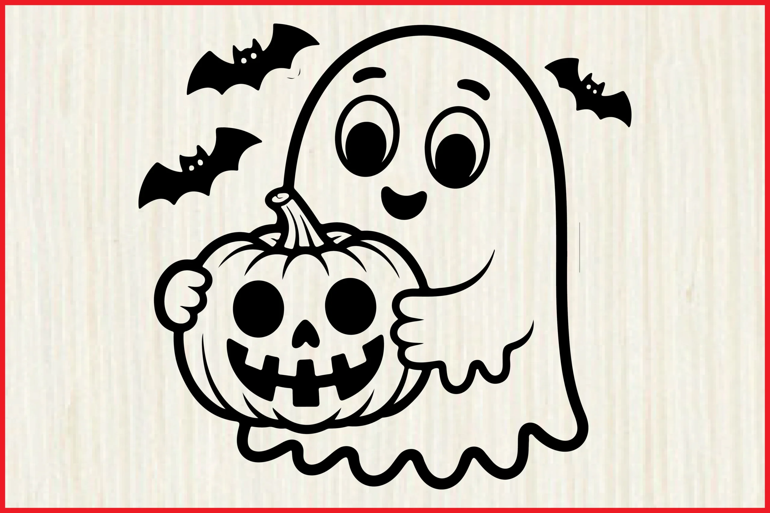 Cute Halloween Ghost & Pumpkin SVG showing a friendly rounded ghost holding a carved jack-o'-lantern with three bats in bold black-and-white line art.