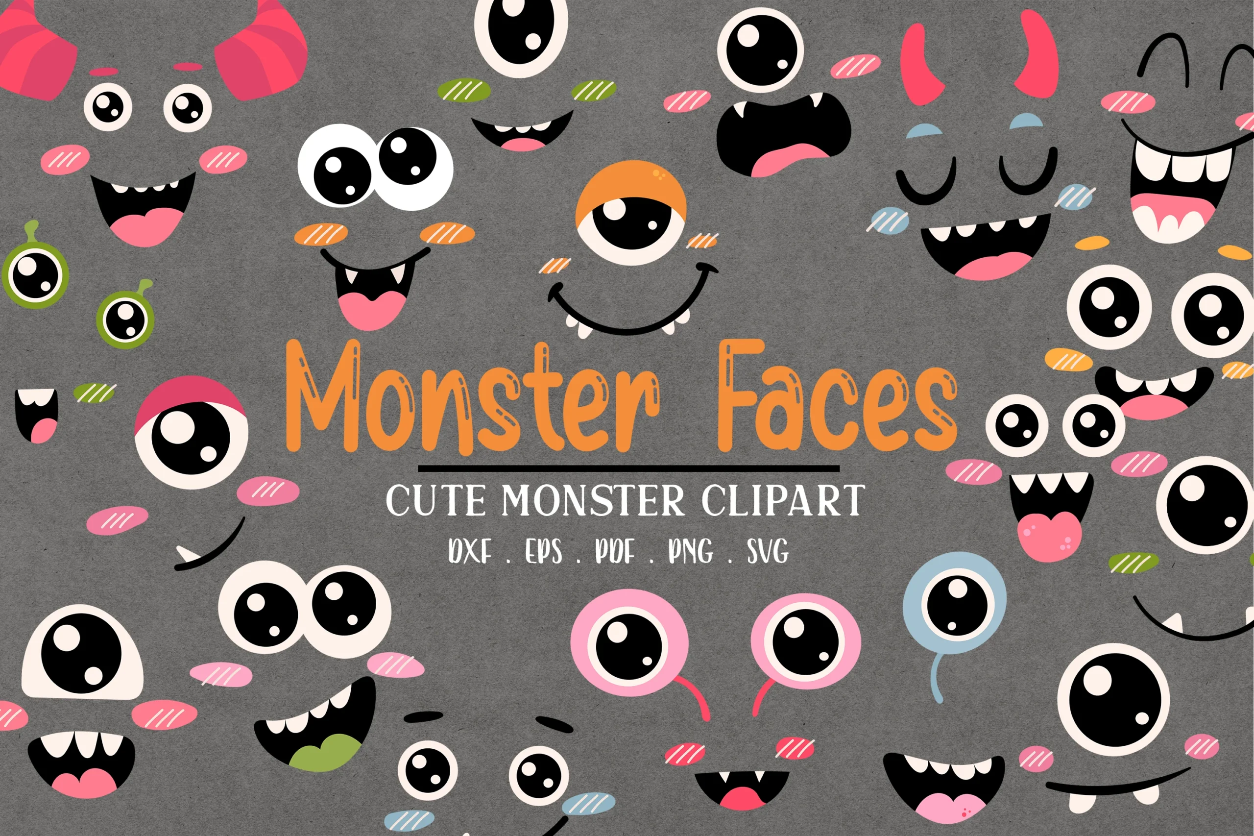 Cute Halloween Monster Faces Clipart Svg showing twenty-four colorful cartoon monster faces with varied expressions around an orange hand-lettered title on a textured gray background.