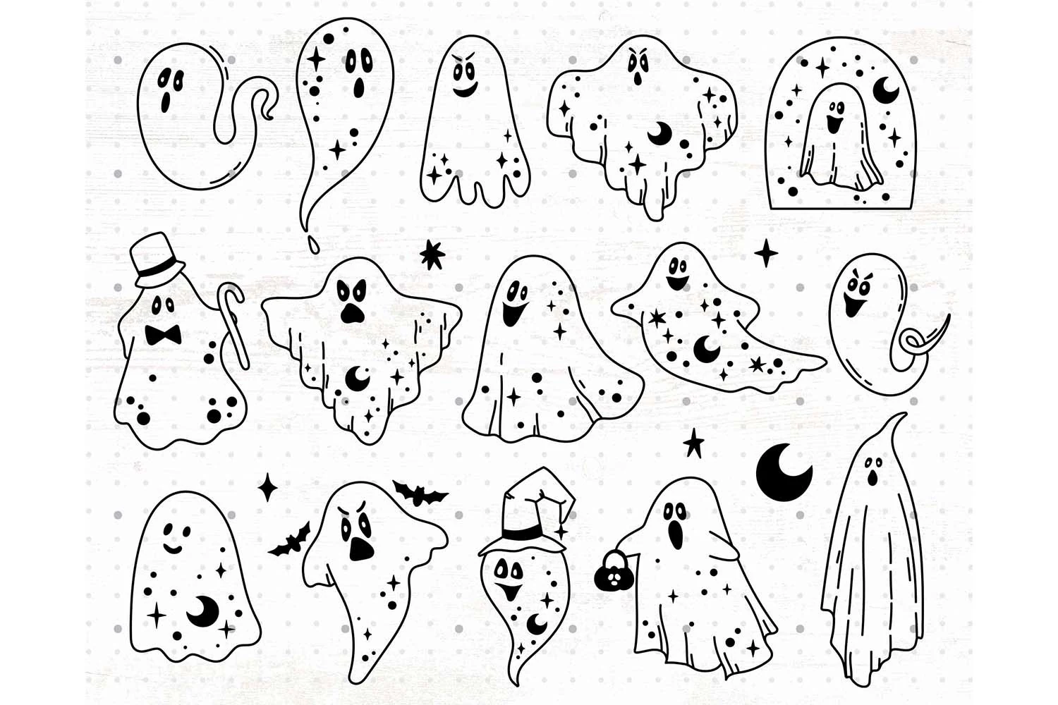 Cute Halloween Outline Ghost SVG Bundle showing 15 black-and-white ghost illustrations arranged in a grid, with celestial patterns, hats, trick-or-treat accessories, and varied spooky-cute expressions.