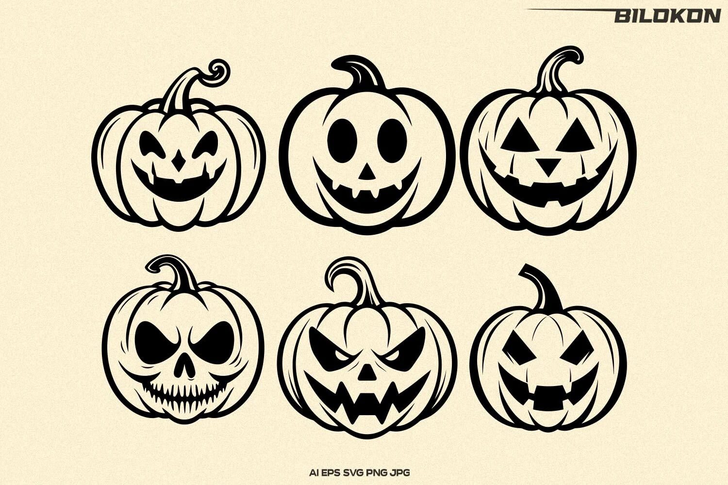 Cute Halloween Pumpkin, Halloween SVG features six varied jack-o'-lantern illustrations in a flat monochromatic vector style, each with a unique carved facial expression.