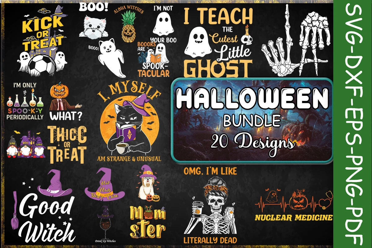 Cute Halloween SVG Bundle preview collage of 20 Halloween-themed designs featuring ghosts, pumpkins, skeletons, cats, and decorative typography on a dark background.