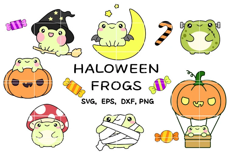Cute Halloween Svg,cute Frog Cartoon 13 featuring cute frog characters in Halloween costumes and settings, including pumpkins, candies, and a mummy frog, with bold rounded title text.