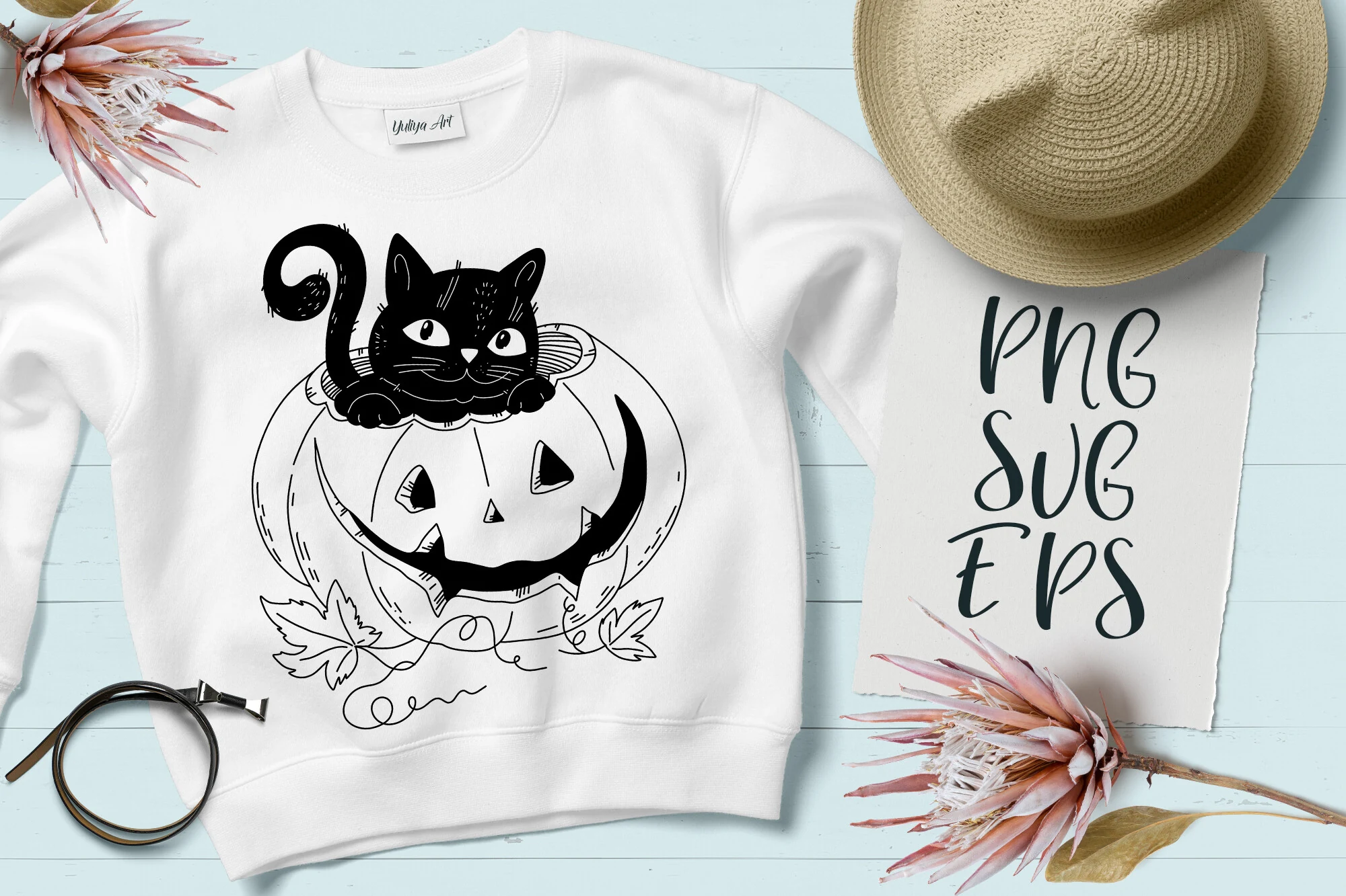 Cute Halloween SVG, EPS Png featuring a whimsical black cat sitting in a carved jack-o'-lantern beside stacked hand-lettered script.