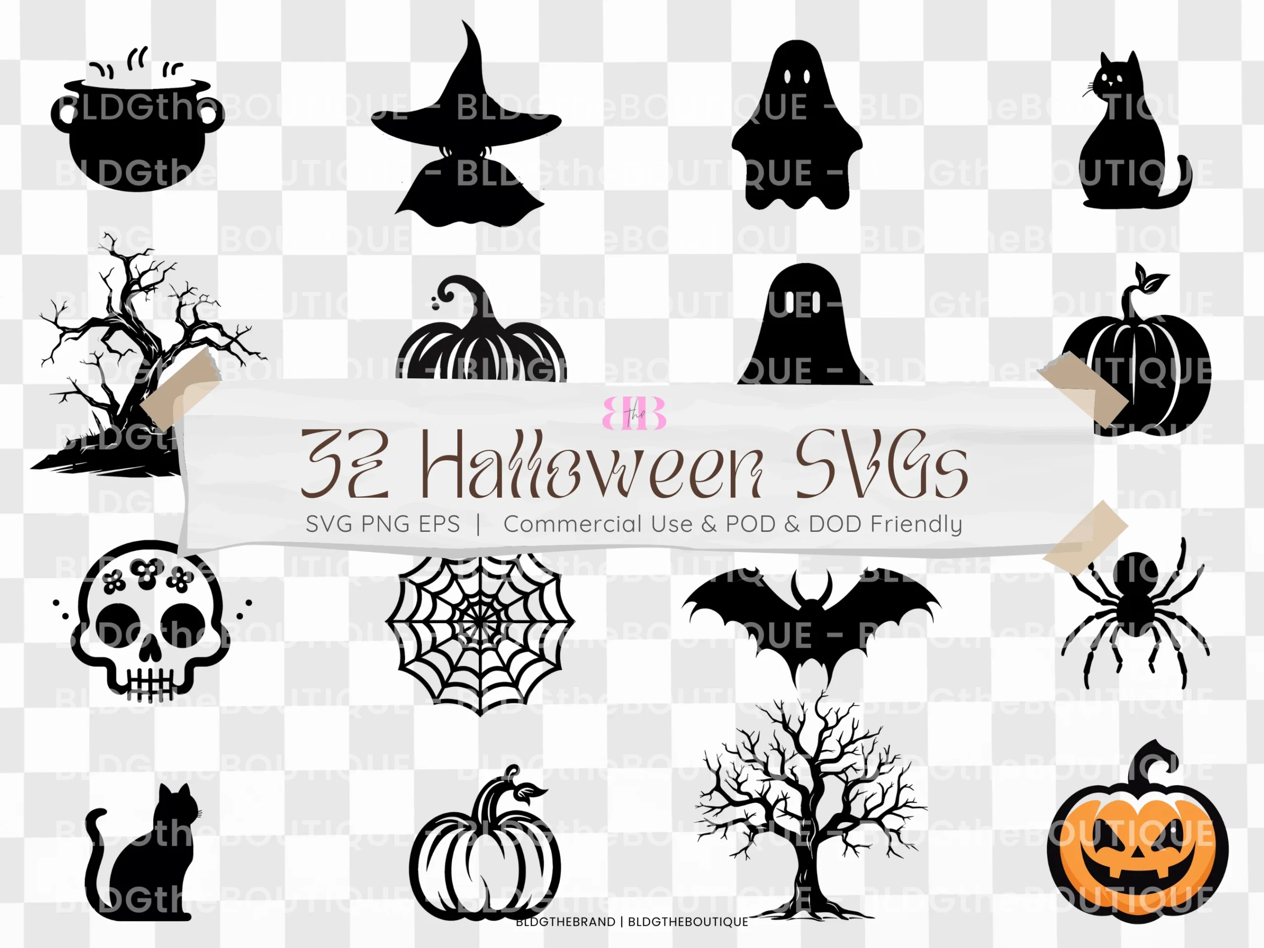 Cute Halloween SVG File Clipart Bundle featuring black Halloween silhouettes of ghosts, skulls, witches, a cauldron, a spider, spider webs, black cats, pumpkins, bats, and a witch hat.