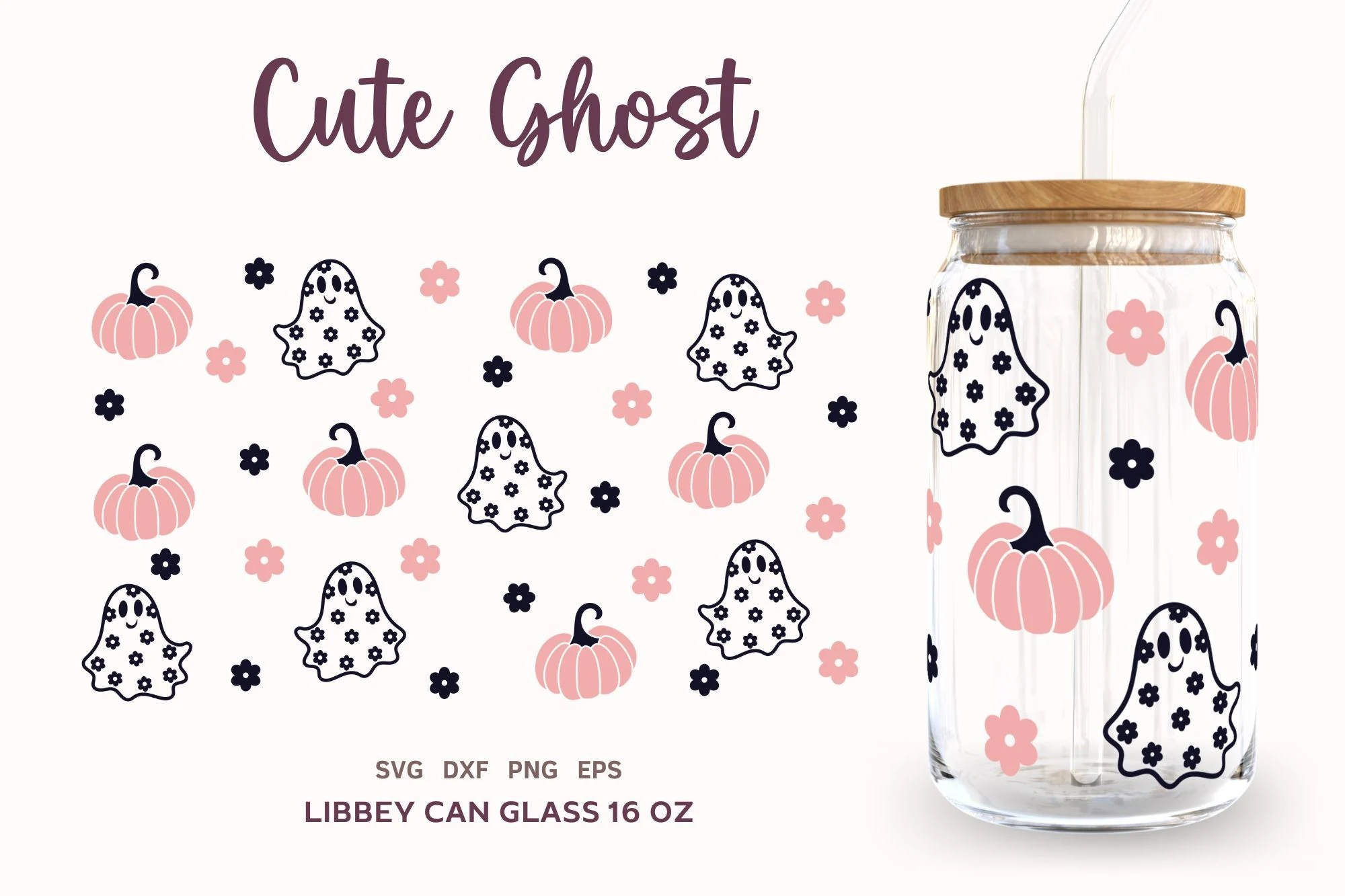 Cute Halloween SVG Libbey Can Glass 16oz featuring a scattered pattern of floral-filled smiling ghosts, pastel pink pumpkins, small flower accents, and handwritten-style text.