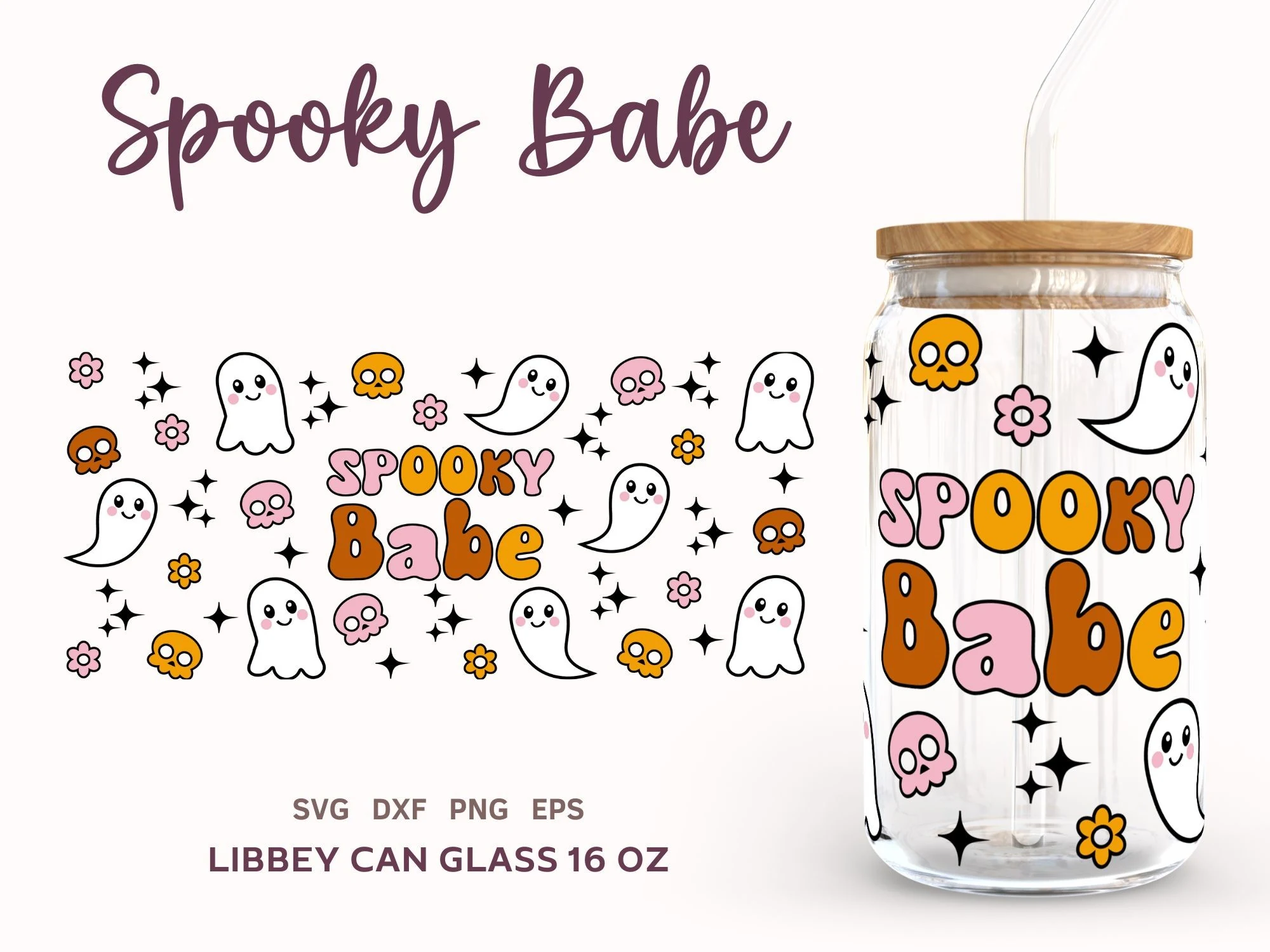 Cute Halloween SVG Libbey Can Glass 16oz featuring retro bubble lettering with smiling ghosts, skulls, flowers, and four-pointed stars in a playful scattered arrangement.