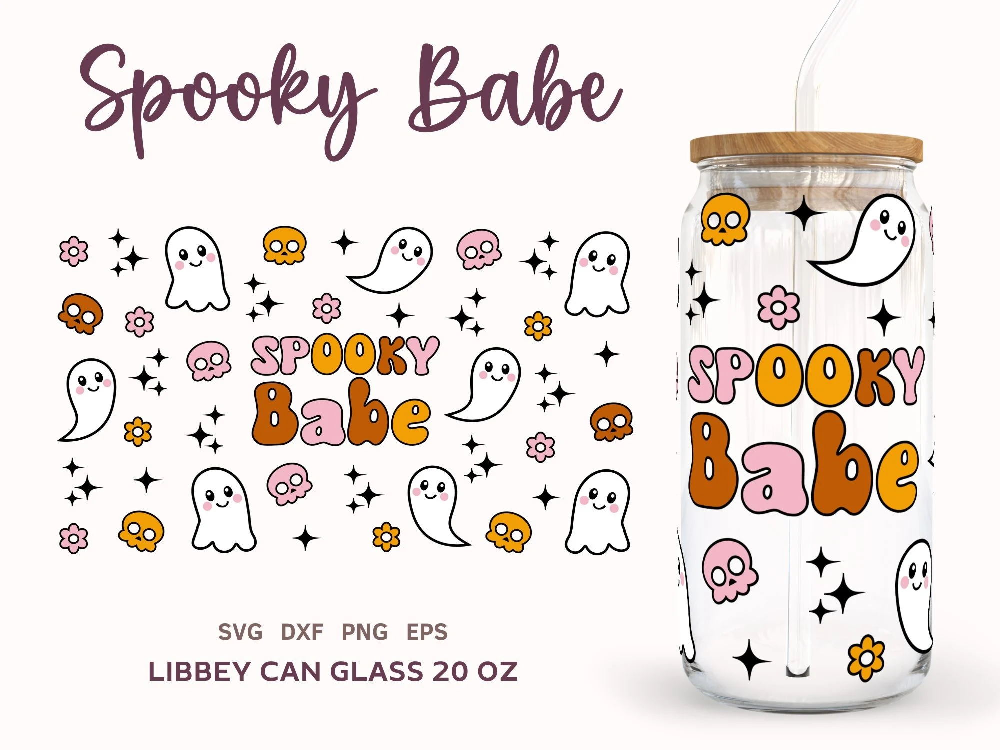 Cute Halloween SVG Libbey Can Glass 20oz featuring retro bubble lettering, small ghosts, pink and orange skulls, flowers, and four-pointed stars.