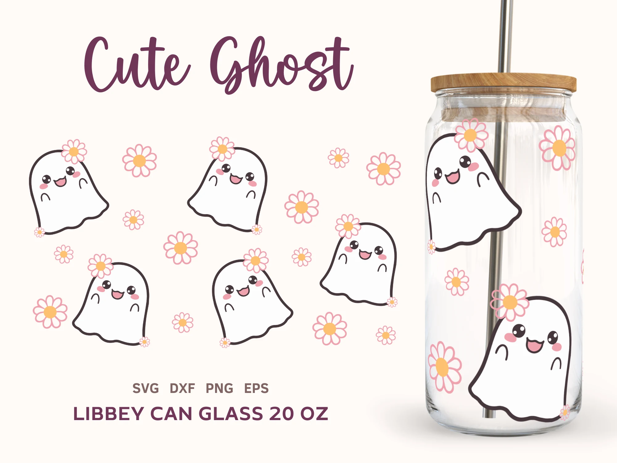 Cute Halloween SVG Libbey Can Glass 20oz featuring smiling ghost characters with daisy flowers, scattered blossoms, and a flowing cursive heading.