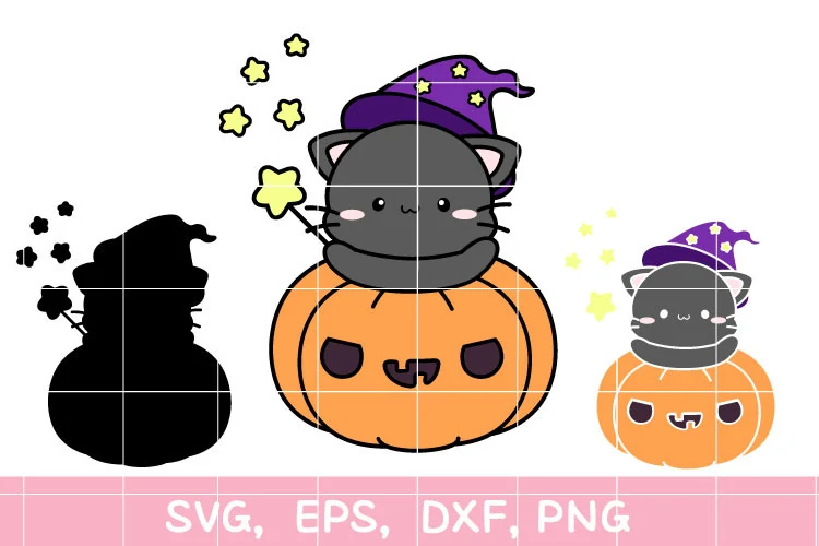 Cute Halloween Svg showing three variations of a kawaii cat wearing a wizard hat inside a pumpkin, including a black silhouette and two colored versions with stars on a light grid background.