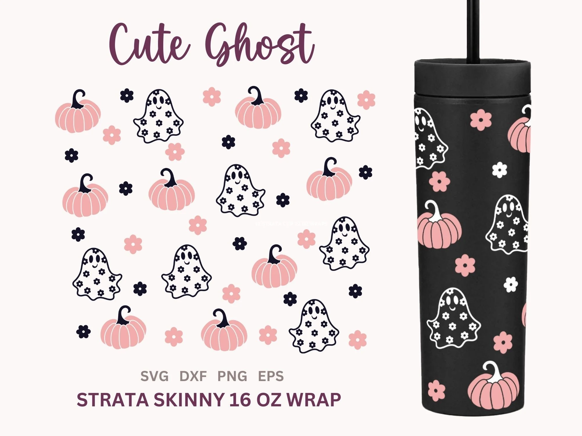 Cute Halloween Wrap Strata Tumbler 16oz showing a repeating pattern of outlined ghosts, pink pumpkins, and small dark flowers for a tumbler wrap.