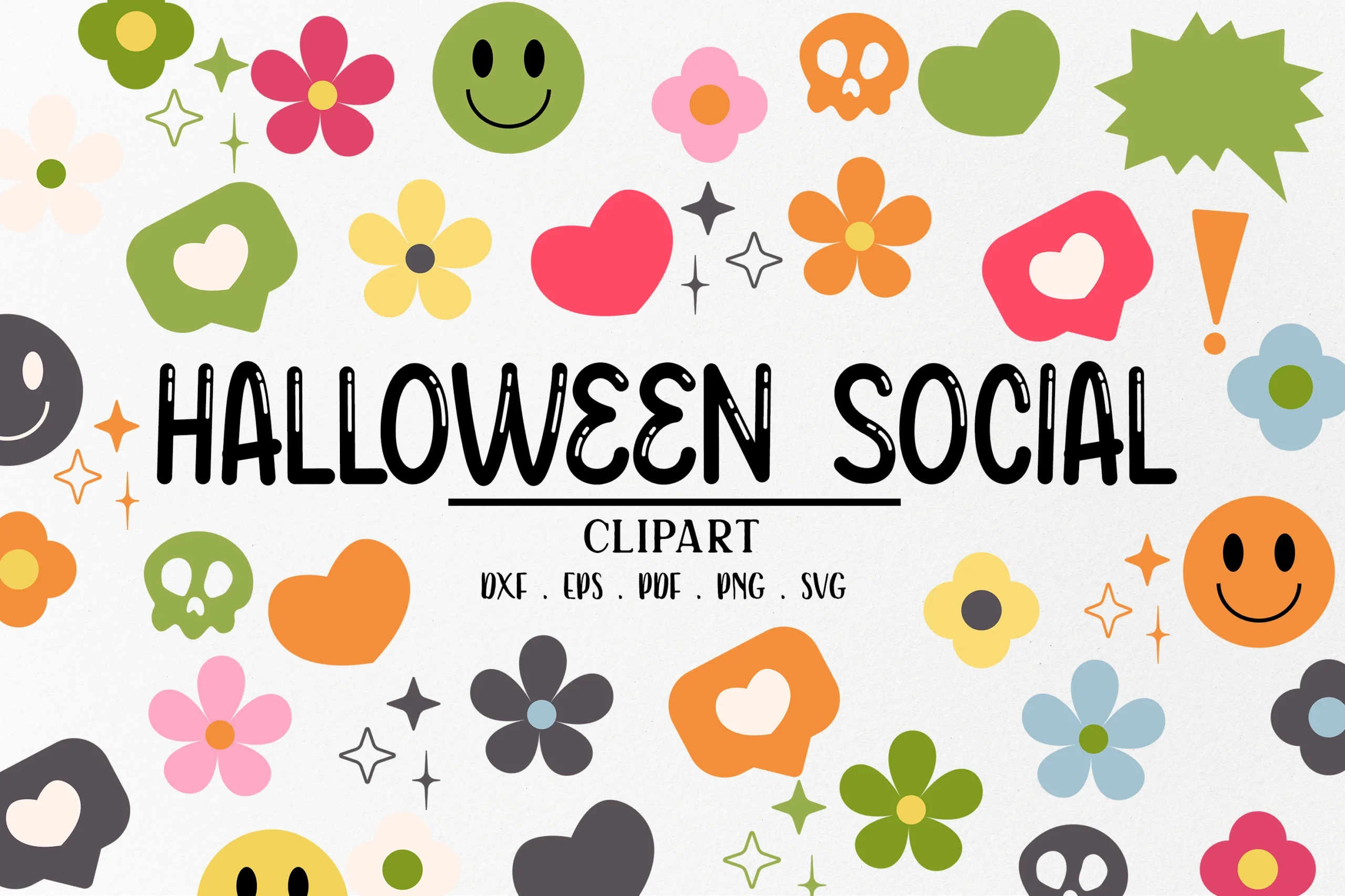 Cute Pastel Halloween Social Clipart features bold rounded Halloween lettering surrounded by colorful flat icons including flowers, smiley faces, skulls, hearts, and sparkle stars.