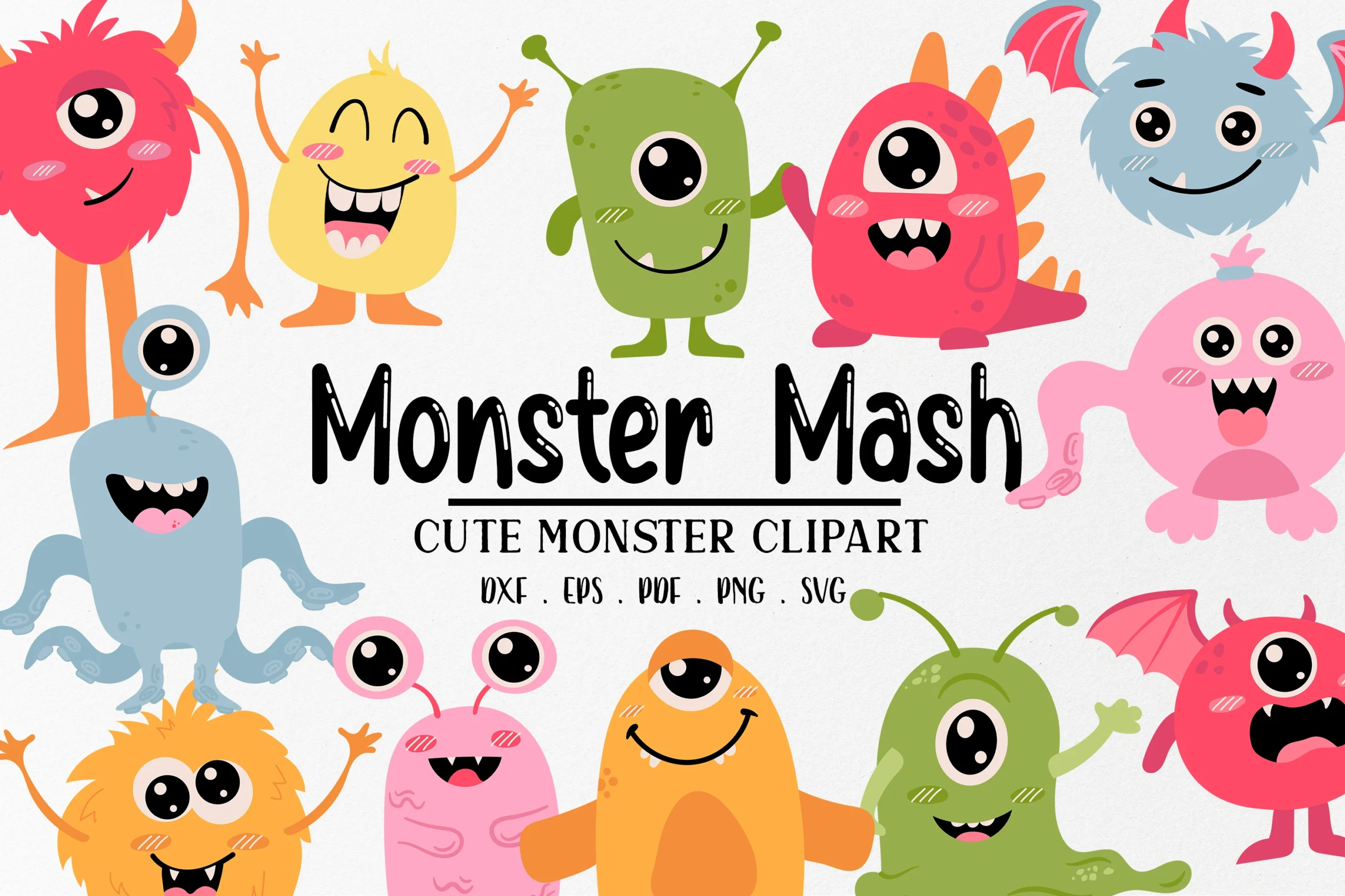 Cute Pastel Monsters Svg Cute Halloween — colorful cartoon monster illustrations arranged around centered "Monster Mash" text on a light textured background.