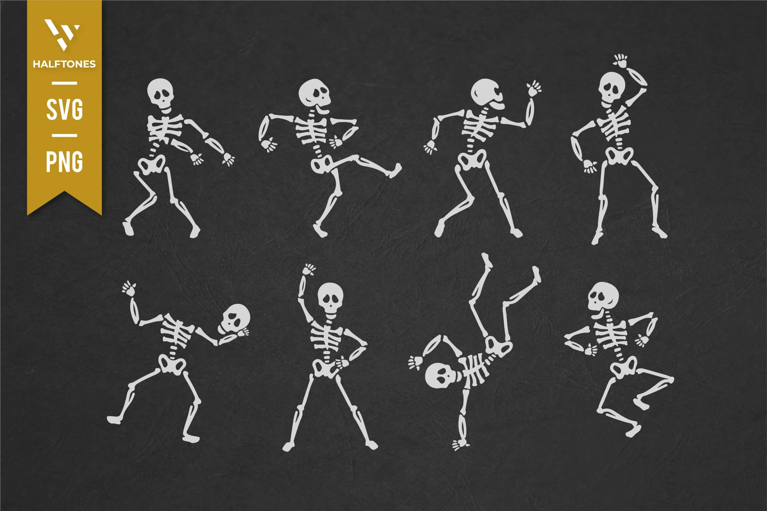 Dancing Skeleton Cute Halloween SVG PNG showing eight white cartoon skeleton silhouettes in varied dynamic dance poses on a dark charcoal background