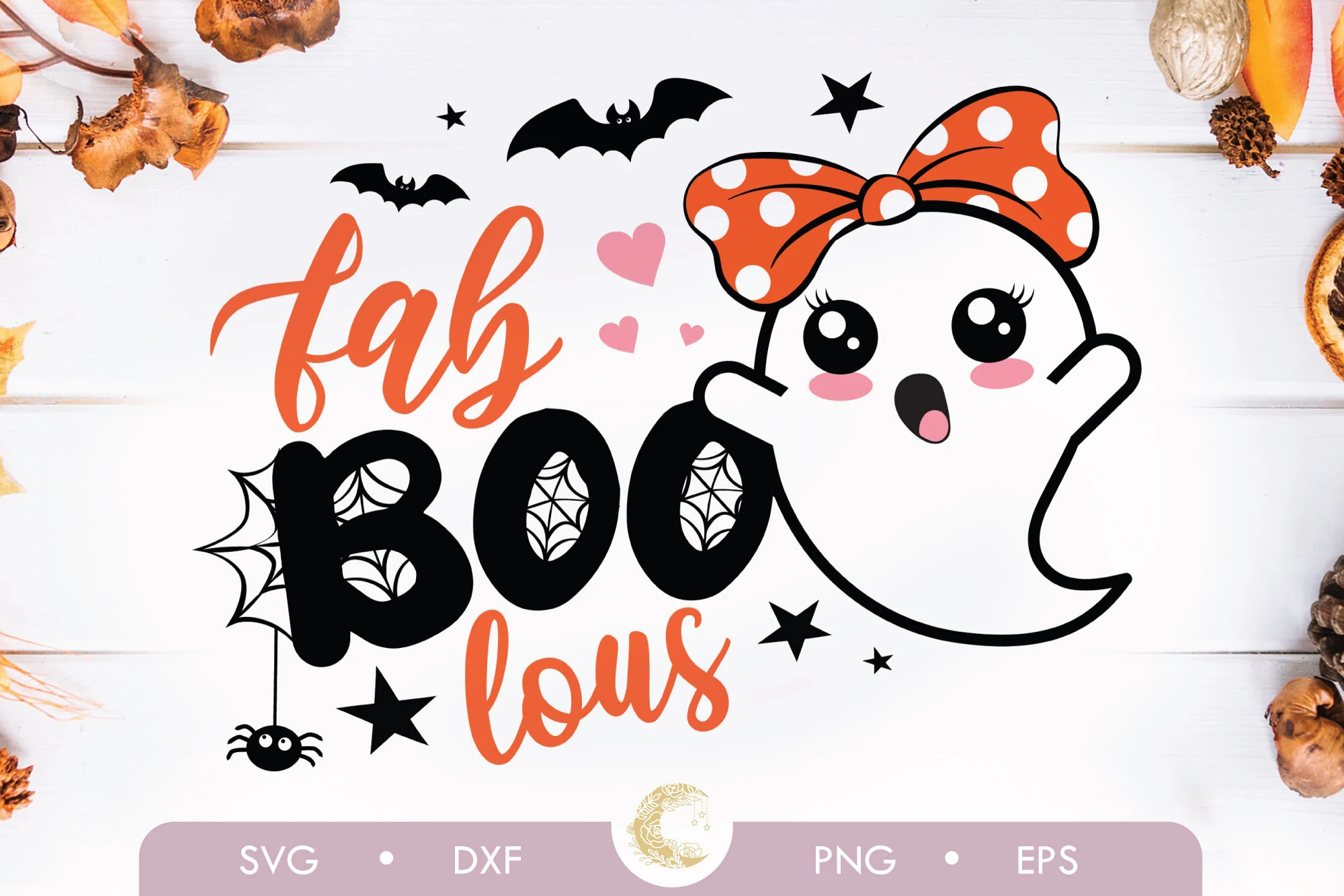 Fab Boo Lous Kids Halloween Svg featuring a cartoon ghost with an orange polka-dot bow, spiderweb-filled BOO lettering, orange script text, bats, stars, hearts, and a spider on a white background.