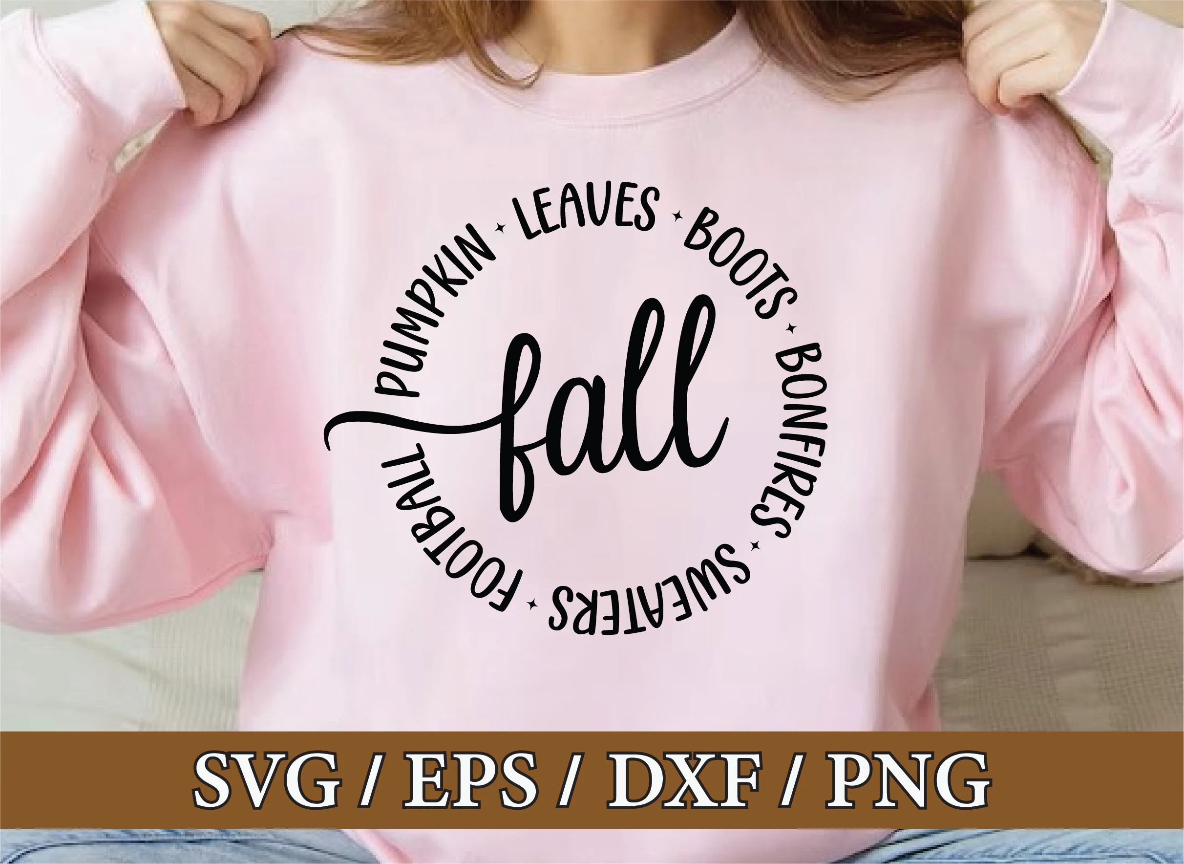 Fall,pumpkin,halloween Svg Design Bundle featuring a circular arrangement of uppercase fall words around a flowing central script word and small star separators.