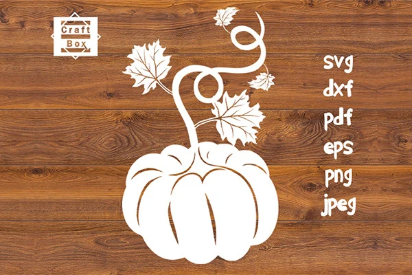 Fall Pumpkin Svg, Halloween Svg showing a white pumpkin silhouette with a curling vine and three leaves on a wood-grain background.