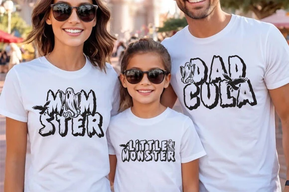 Family Matching Halloween SVG , Spooky featuring bold distressed black horror lettering with integrated ghost and raven silhouettes.