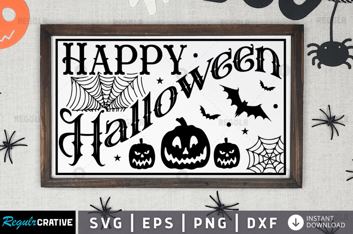 FREE Happy Halloween Svg Design featuring gothic HAPPY HALLOWEEN lettering, jack-o'-lantern silhouettes, spider webs, bats, and scattered stars.