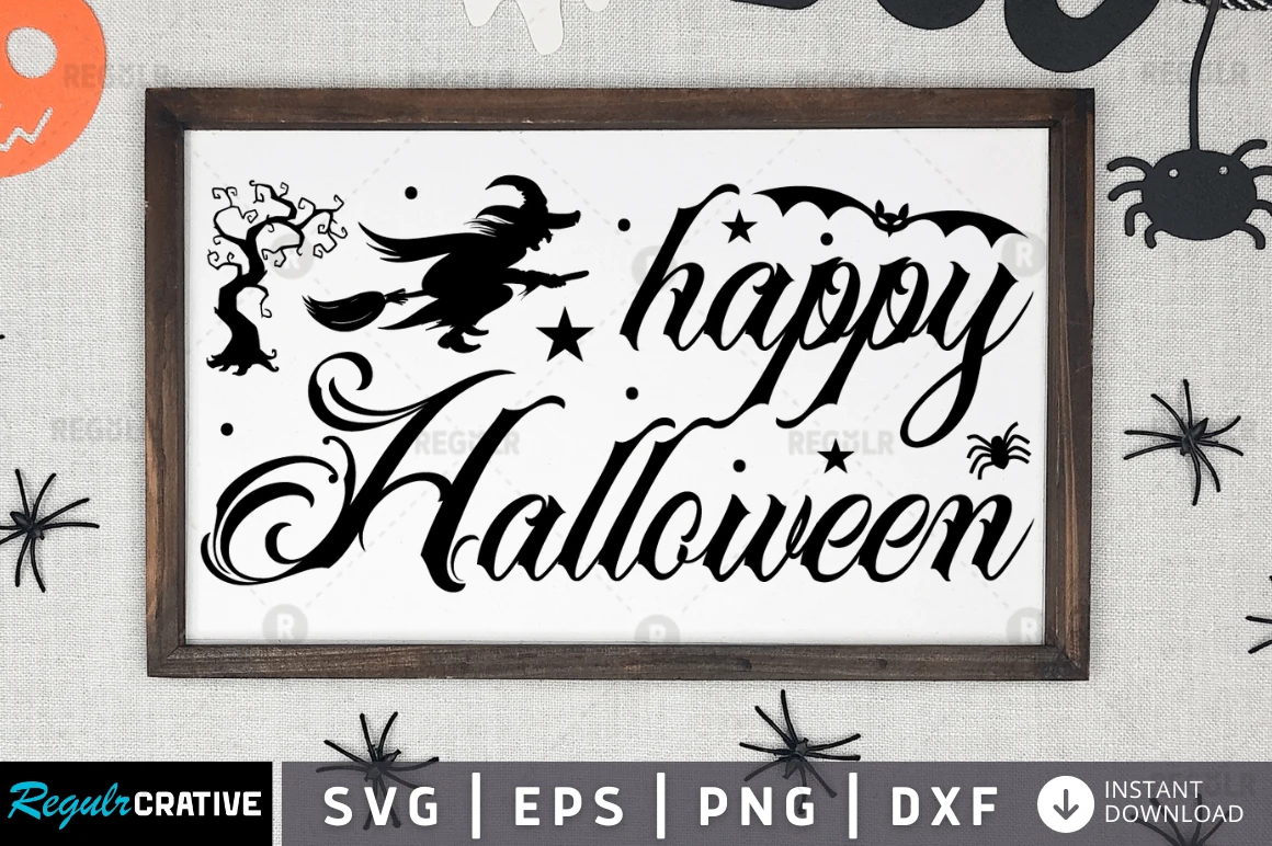 FREE Happy Halloween Svg Design featuring flowing black script text with a witch flying on a broomstick, a bat, stars, and dots on a white background.
