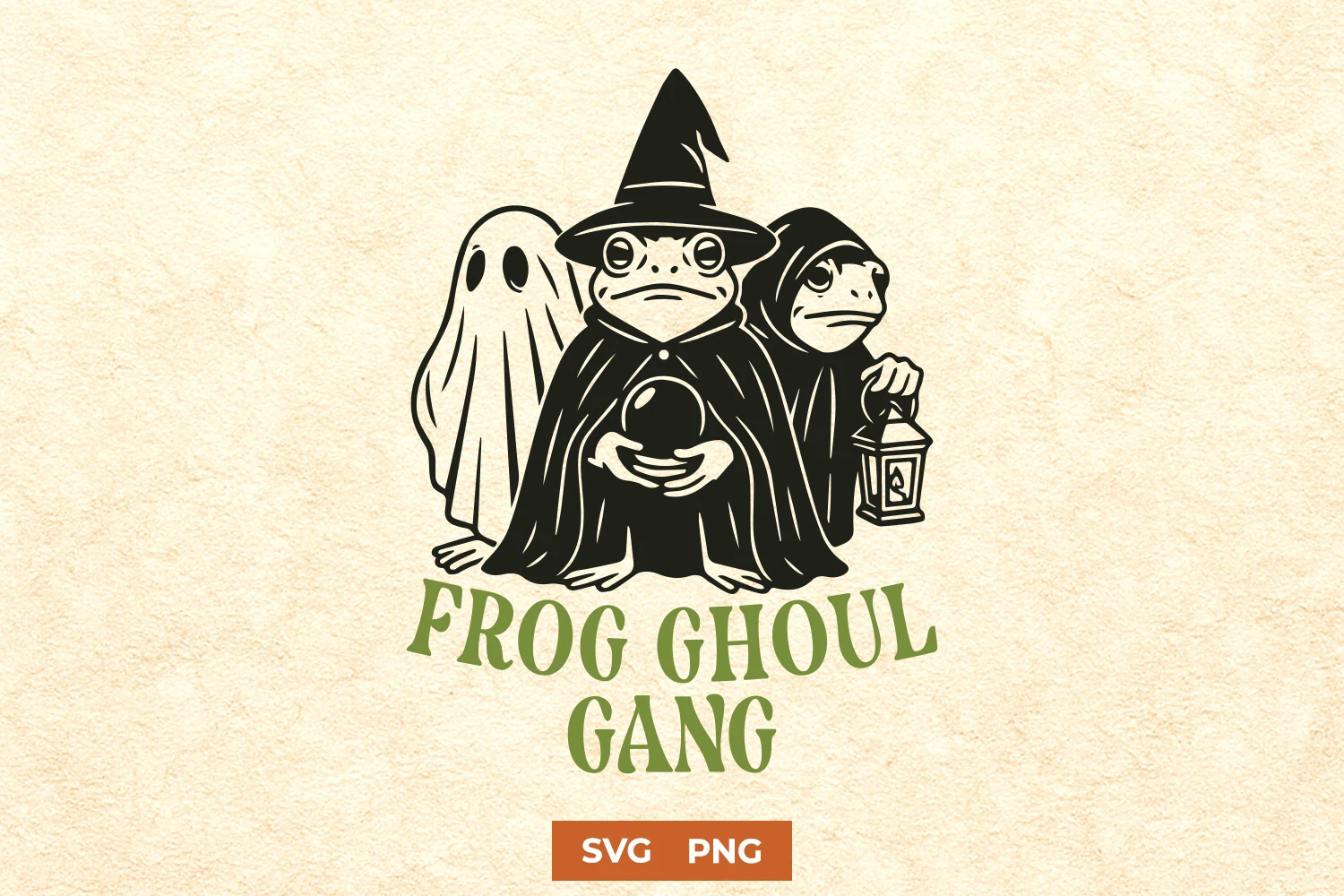 Frog Ghoul Gang Funny Halloween SVG PNG featuring three costumed frogs above the text “FROG GHOUL GANG.”