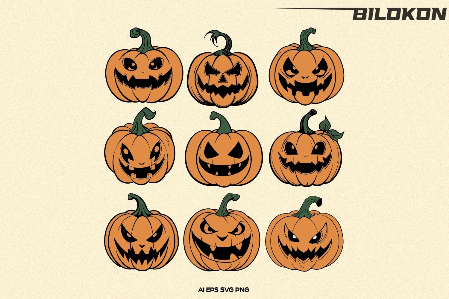 Funny Halloween Pumpkin SVG featuring nine jack-o'-lantern illustrations with varied carved expressions and jagged teeth arranged in a 3x3 grid.