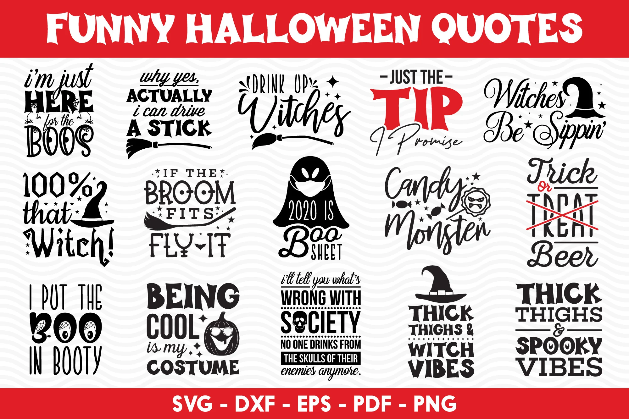 Funny Halloween SVG Bundle - 15 Designs, a grid of fifteen typographic Halloween designs featuring witches, ghosts, pumpkins, skulls, broomsticks, and spiderwebs.