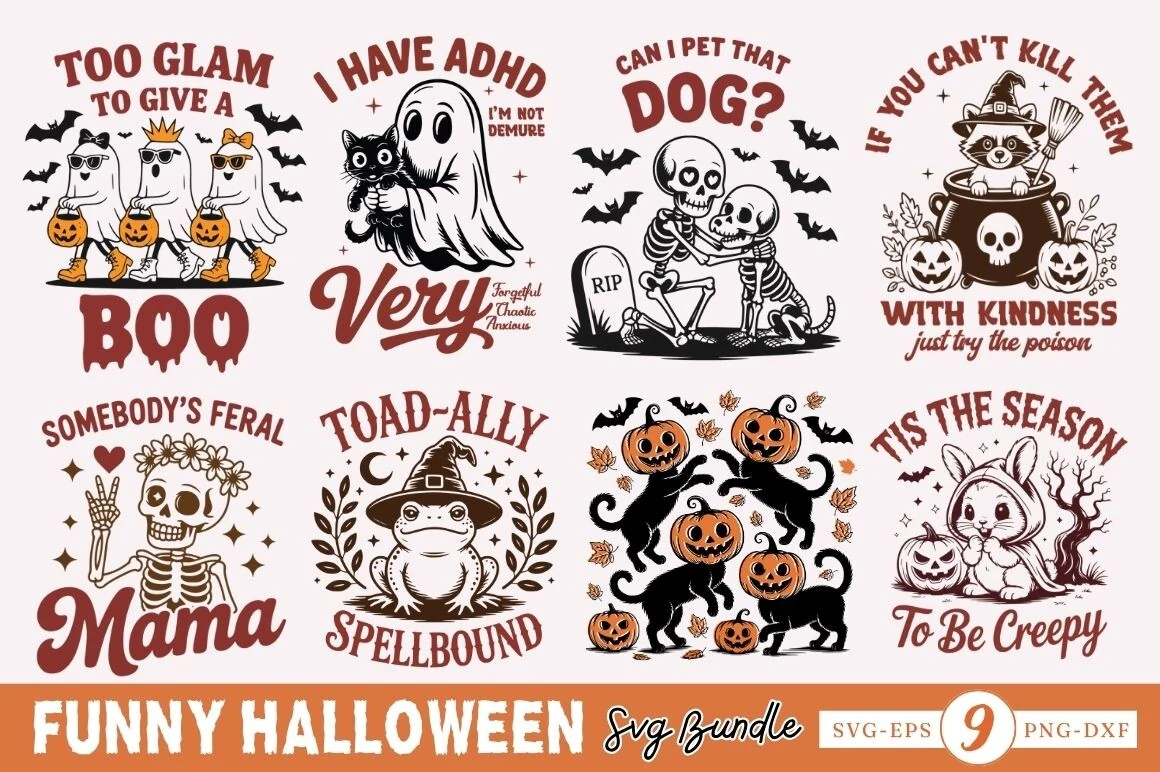 Funny Halloween SVG Bundle,Halloween SVG featuring eight Halloween-themed graphic illustrations with bold captions, ghosts, skeletons, pumpkins, cats, and frogs in brown, orange, and cream.
