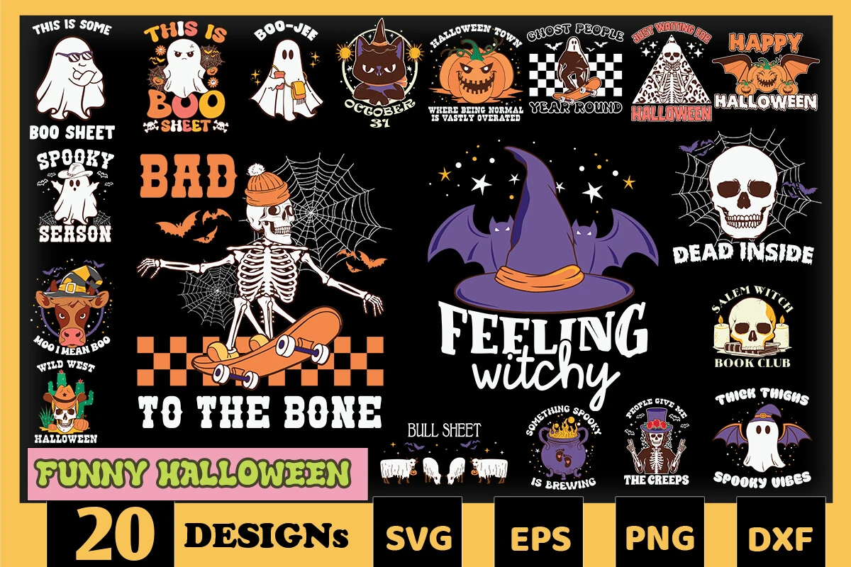 Funny Halloween SVG Bundle Part 4 featuring 20 Halloween-themed graphic designs with ghosts, skeletons, witches, pumpkins, bats, and distressed display lettering.