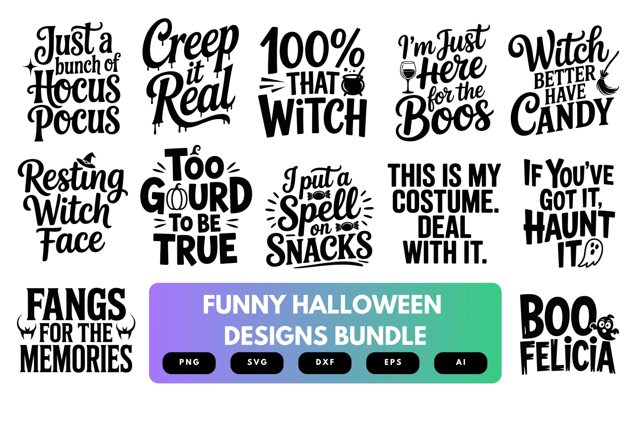 Funny Halloween SVG Bundle featuring typographic Halloween designs with ghosts, pumpkins, cauldrons, and witch hats arranged in a grid.