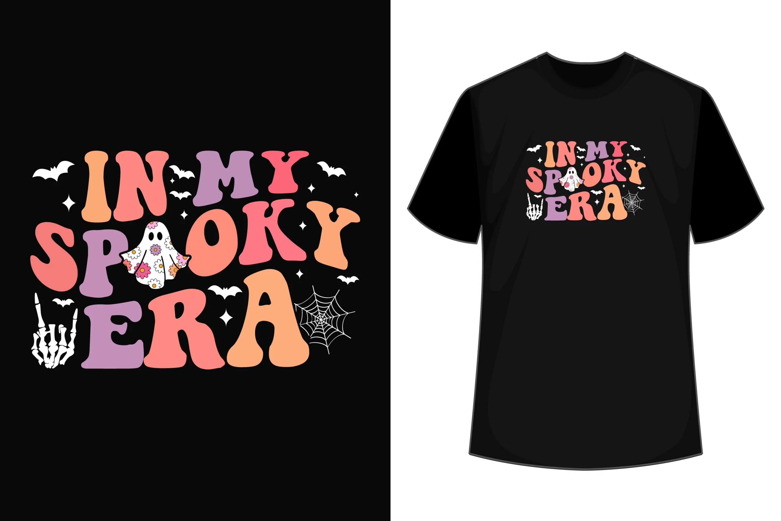 Funny Halloween SVG, in My Spooky Era displaying stacked wavy retro lettering with a floral ghost, skeleton hand, spiderwebs, bats, and stars.