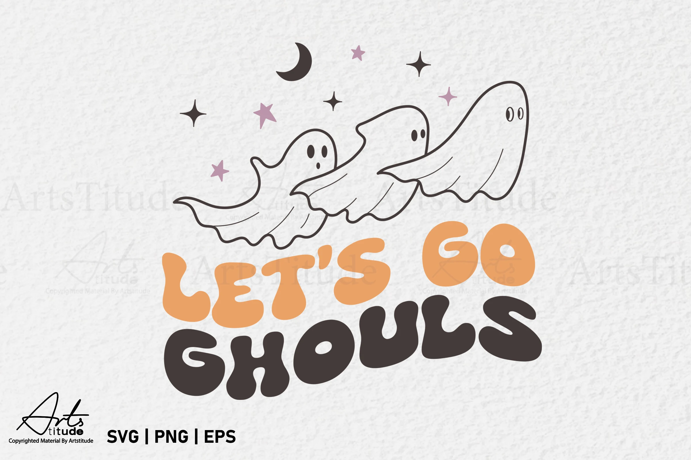 Funny Halloween SVG Let's Go Ghouls featuring two lines of rounded display lettering beneath three outlined ghosts, stars, and a crescent moon.