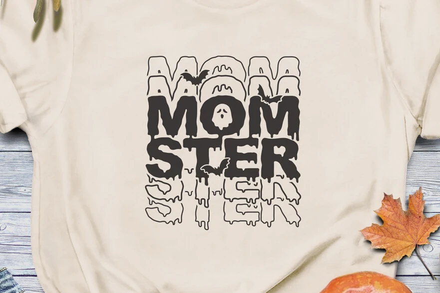 Funny Halloween SVG, Momster features stacked dripping MOMSTER lettering with a ghost inside the O and bat silhouettes around the text.